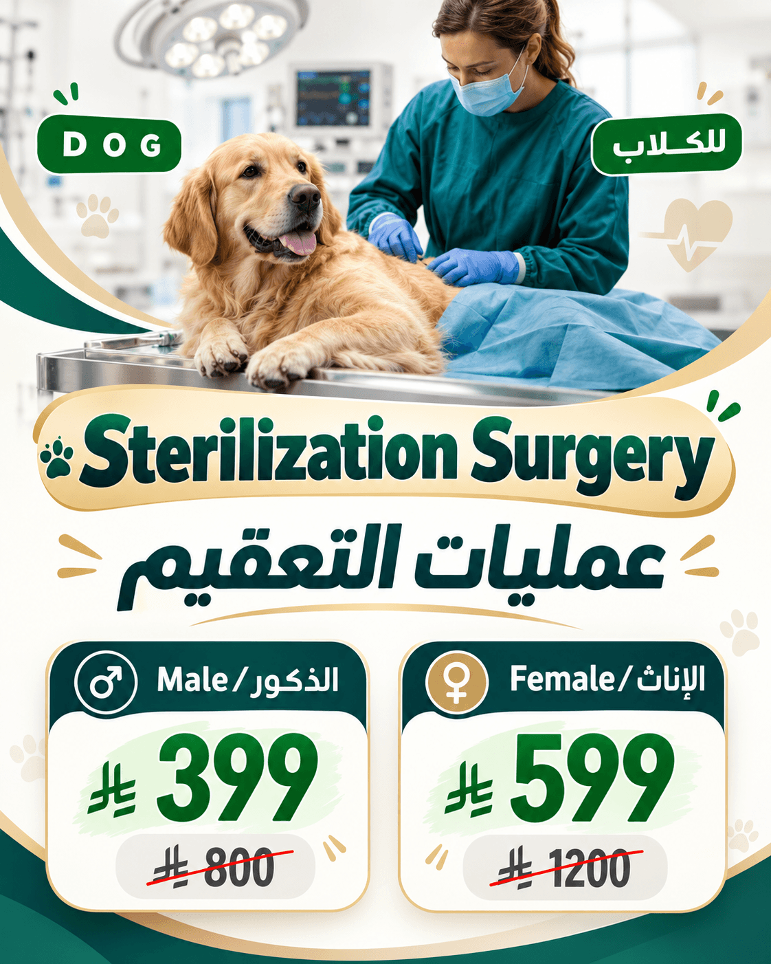 عرض تعقيم الكلاب في الرياض لدى عيادة نبض الرعاية البيطرية، تعقيم الذكور 399 ريال والإناث 599 ريال